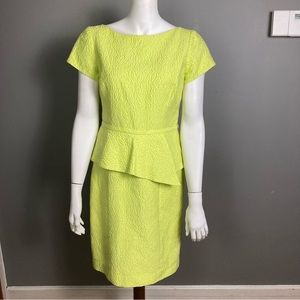 Teri John dress size 10 chartreuse lime peplum jacquard floral flounce embossed